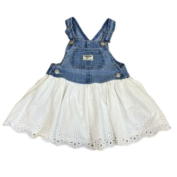 Oshkosh B'gosh Tiered Bib Style Overall Dress Denim and Eyelet Blue White 18 mo - Picture 4 of 14